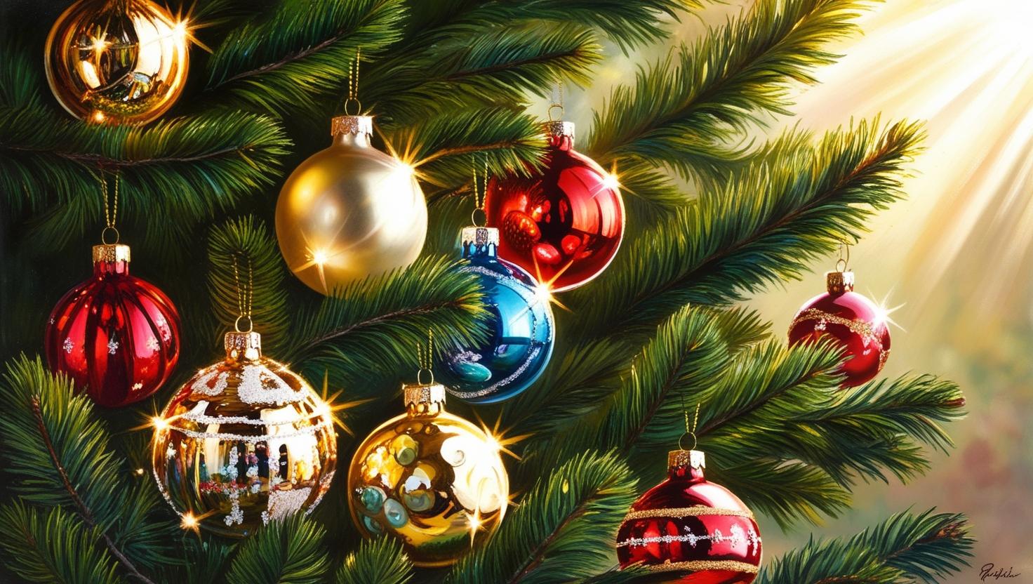 Christmas ornaments on a fir tree with sun shining through the branches