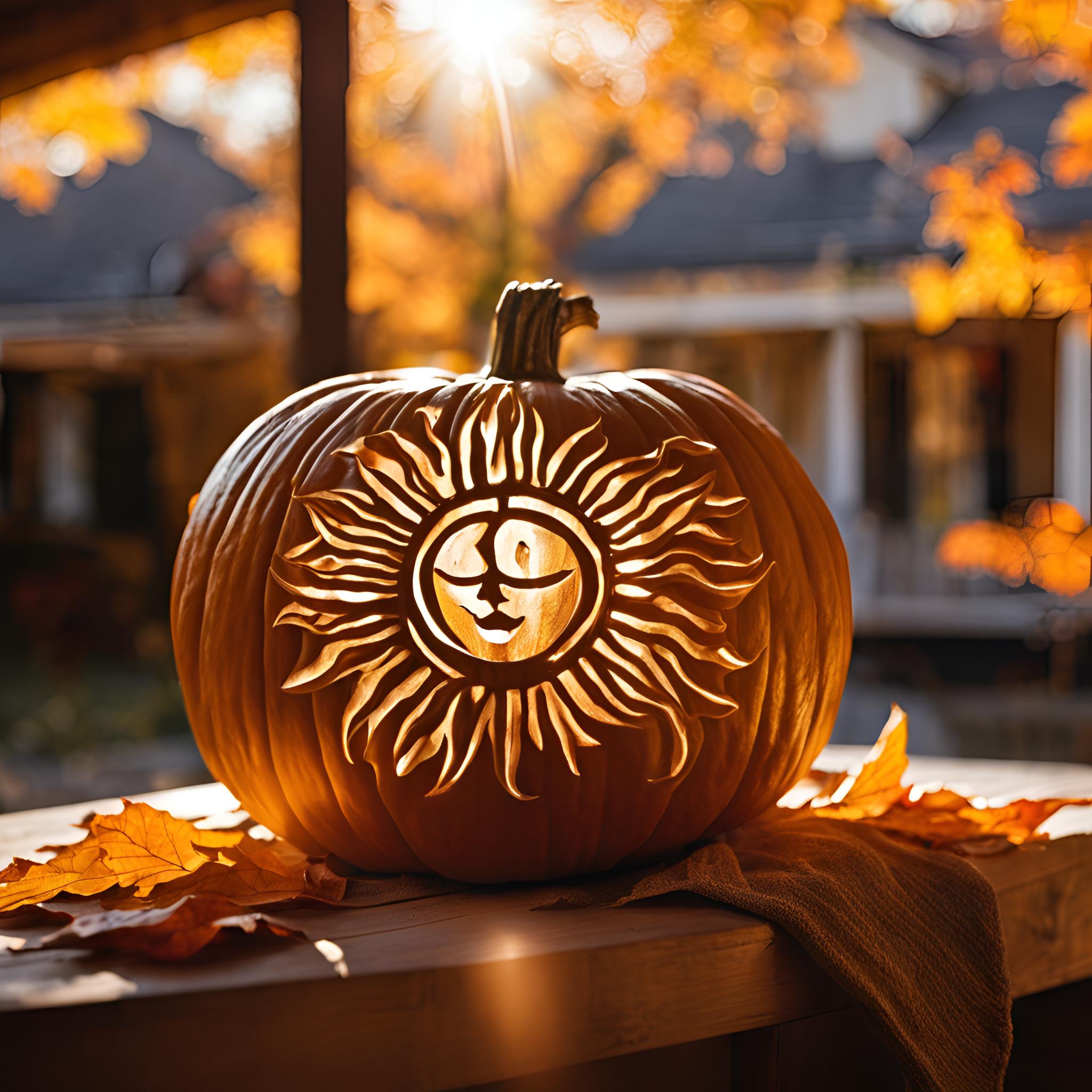 pumpkin with sunshine carved into it